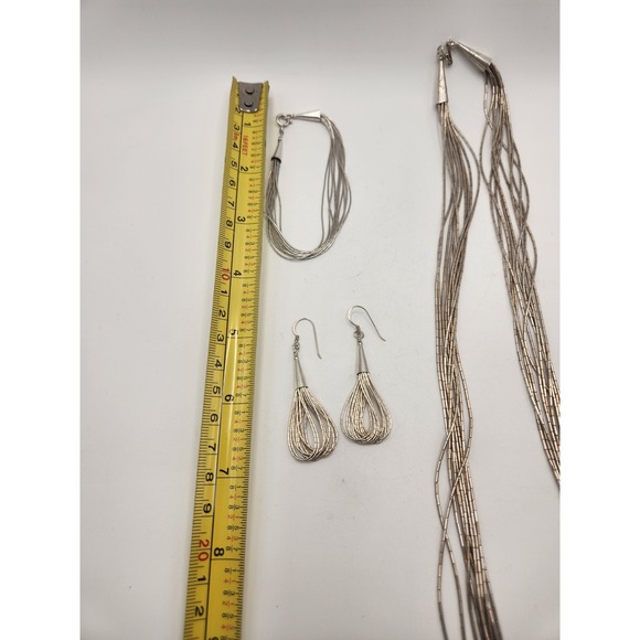 Sterling Silver Liquid Silver Multi Strand Necklace Bracelet Earring Set 925 - Picture 7 of 10